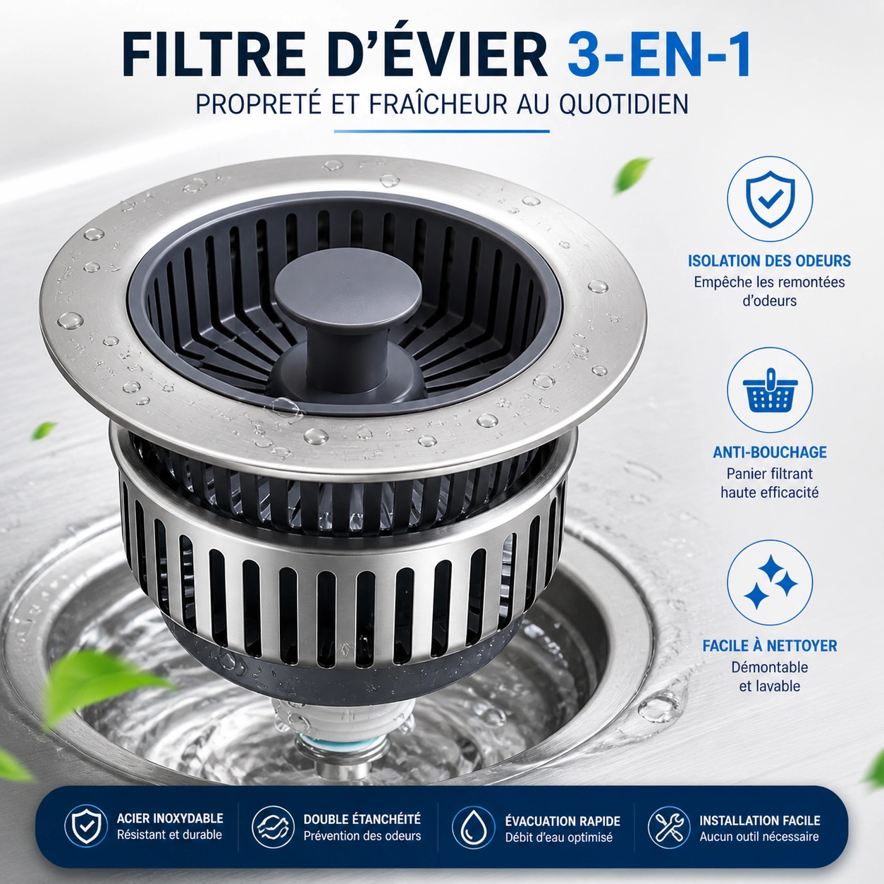 DrainPro 3-en-1 – Filtre d’Évier Intelligent