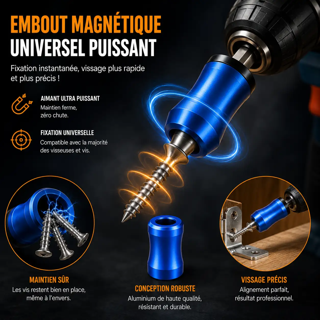 Anneau magnétique universel puissant 1/4" (6,35 mm) en alliage antidérapant pour visseuse et perceuse électrique