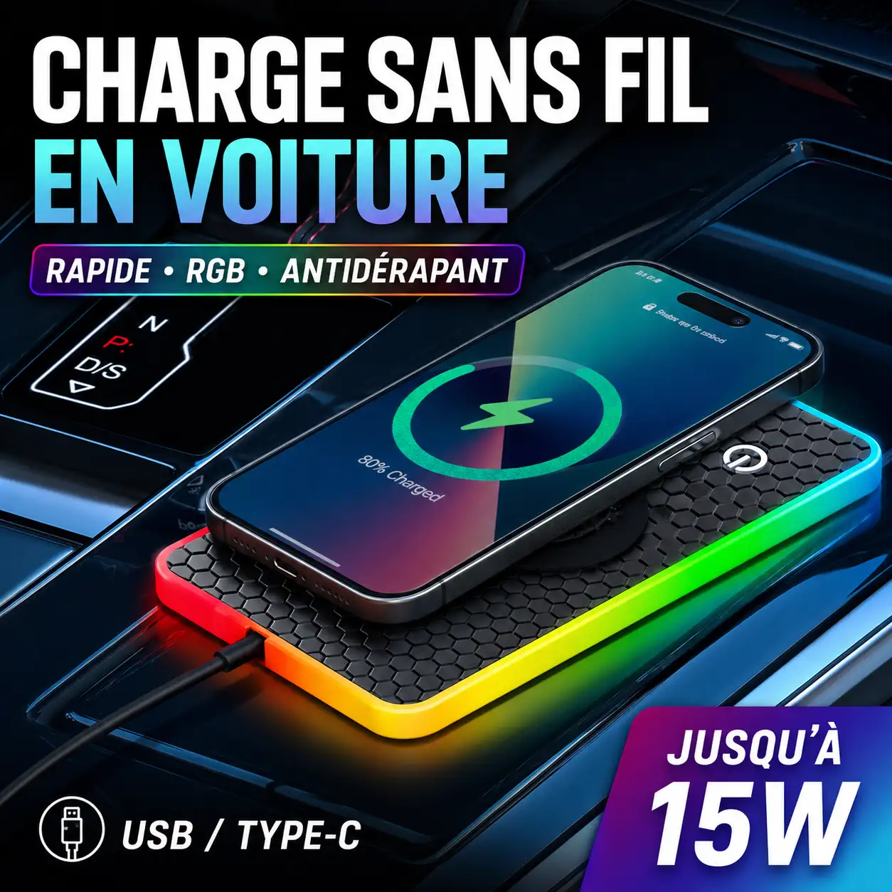 AutoCharge RGB™ – Chargeur Sans Fil Voiture 15W